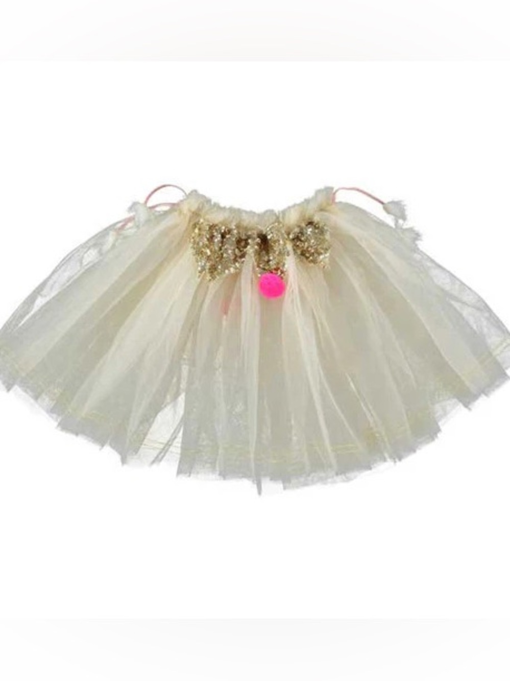 Atsuyo et Akiko Cream Tulle Skirt with Gold Sequin Bow and Pink Pom